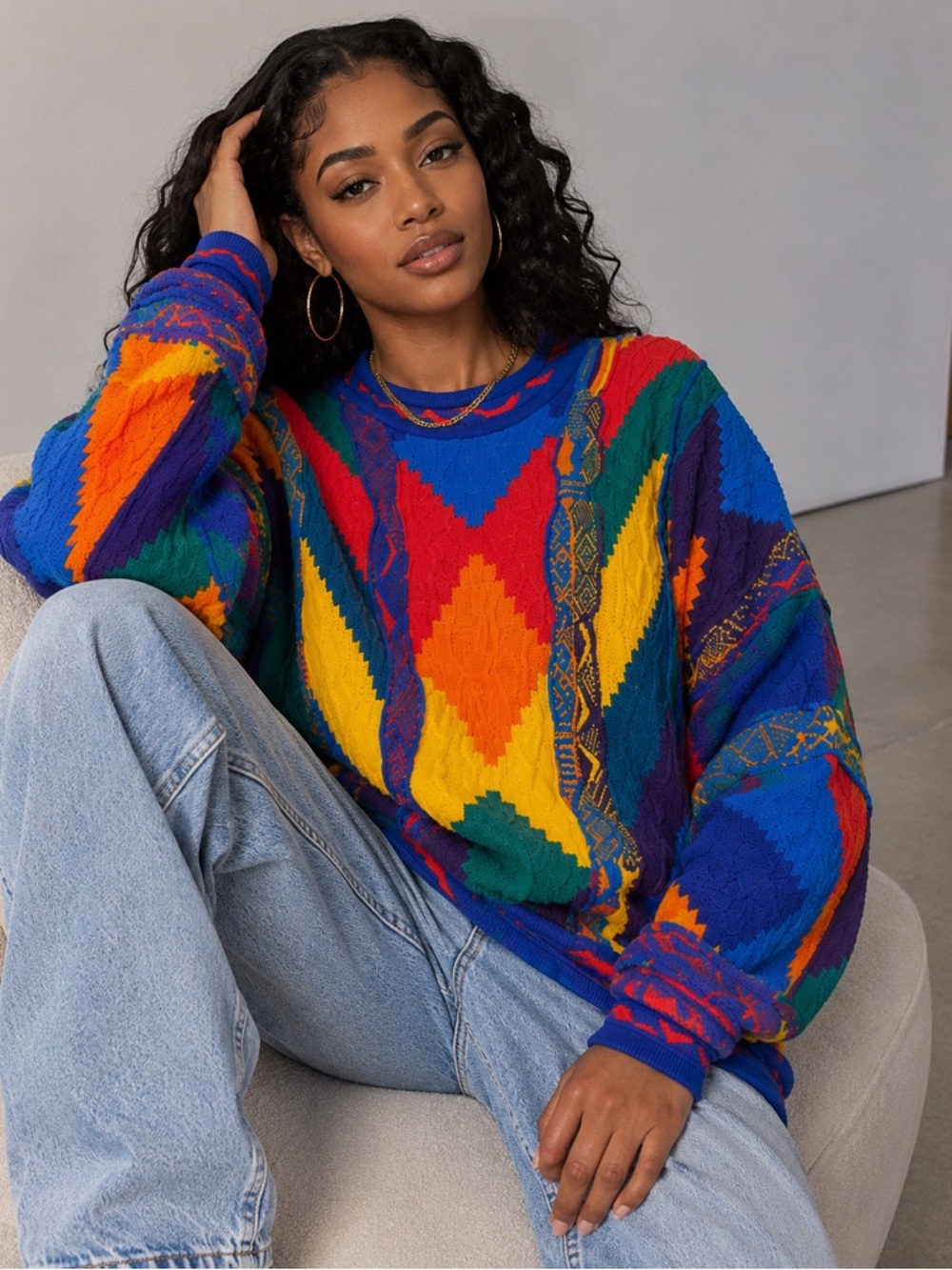 Vintage Coogi Style Textured Knit Sweater 🌈
